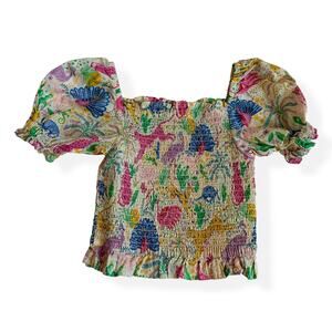 Mini Boden Girls Safari Smocked Cotton Top 5-6